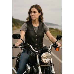 Milwaukee Leather Vest Women Large Black Moto Buffalo Nickel Snaps Braided Rider